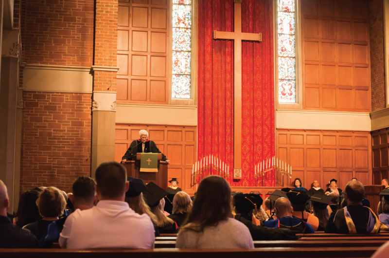 Students, faculty, and staff gather at First Presbyterian Church on Wednesday, August
26, 2015 to listen to Dr. Wolterstorff deliver the opening convocation address.